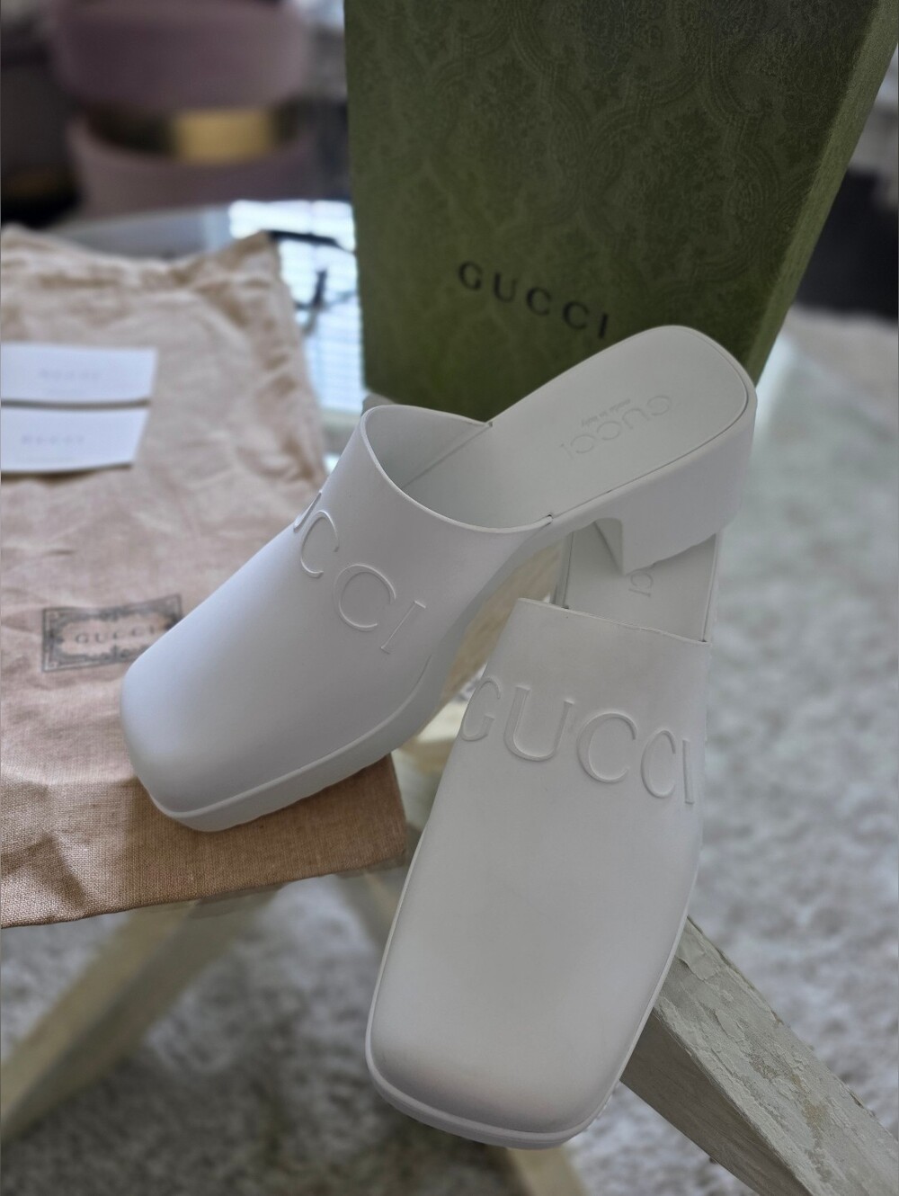 Authentic Gucci White Embossed Logo Square-Toe Heeled Mules